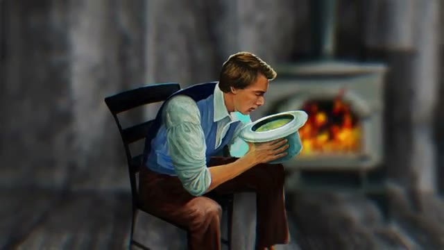 An illustration of Joseph Smith dictating the Book of Mormon by burying his face in a hat with a seer stone.