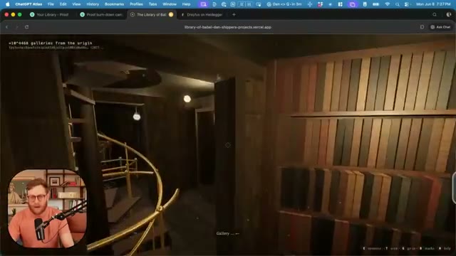 Screenshot of the 3D browser game, showing hexagonal galleries and shelves, demonstrating Fable 5's output.
