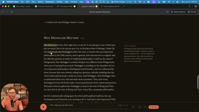 Screenshot of the Hubert Dreyfus mini-site, showing synced audio playback with highlighted text.