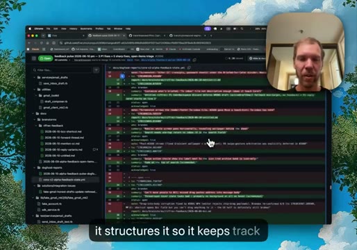 A YAML file displays structured feedback data, showing how the AI organizes reported items.
