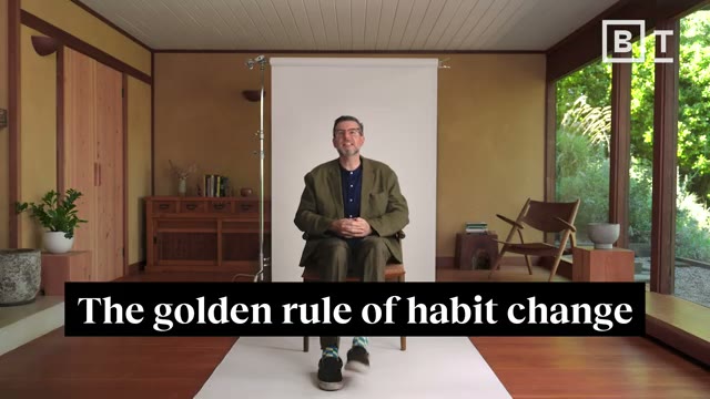 On-screen text displays the 'Golden Rule of Habit Change': 'Keep the old cue. Deliver the old reward. Insert a new routine.'
