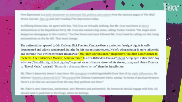 On-screen text displays a quote from Third Way's op-ed criticizing Piker's controversial statements.