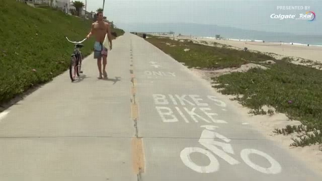 A split screen shows a new bike lane on the left and a healthy school lunch on the right.